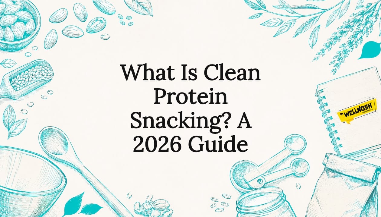 Decorative title card illustration with protein snack elements