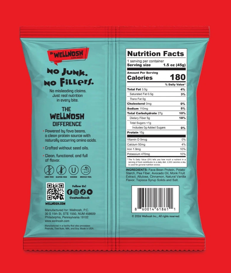 Wellnosh Cinnamon Protein Chips bag, alternate view