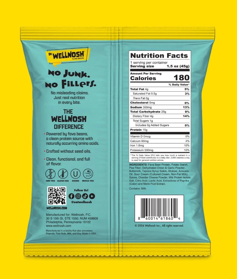 Wellnosh Nacho Cheese Protein Chips bag, alternate view